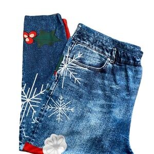 Festive Christmas Denim Jeans with Snowflake and Holly Design size 4X stretch